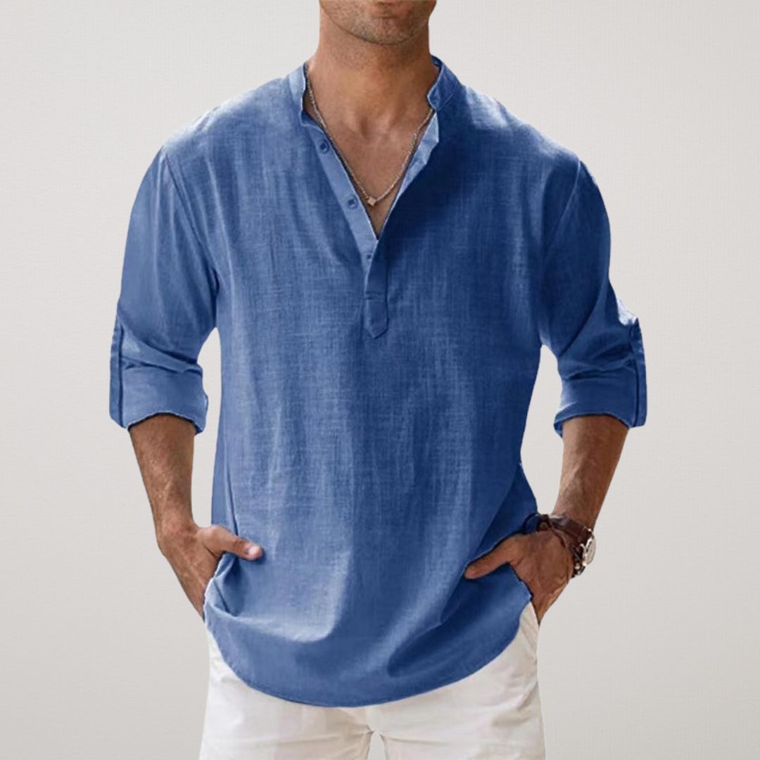 Mænds stilfulde Henley skjorte med knaplukning, designet for en slank pasform og moderne komfort.
