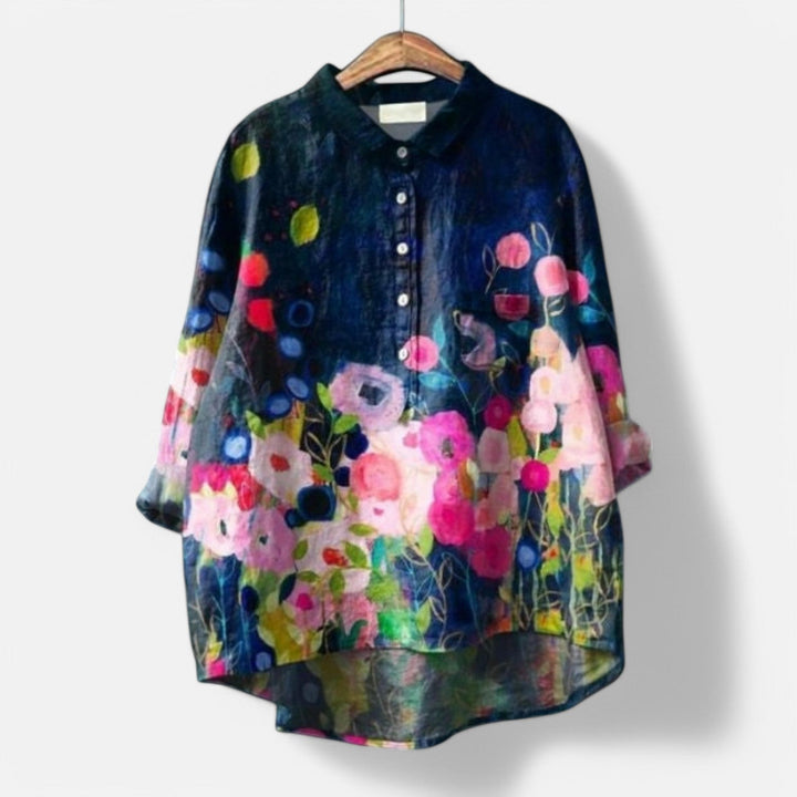 "Stilfuld løs pasform blomstret bluse til kvinder med elegante detaljer, perfekt til hverdags- og festlige lejligheder."