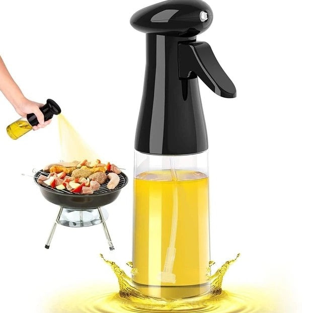 "Stilfuld oliespraydispenser, ergonomisk design, let håndtering, 200 ml kapacitet til præcis oliemængde ved madlavning."
