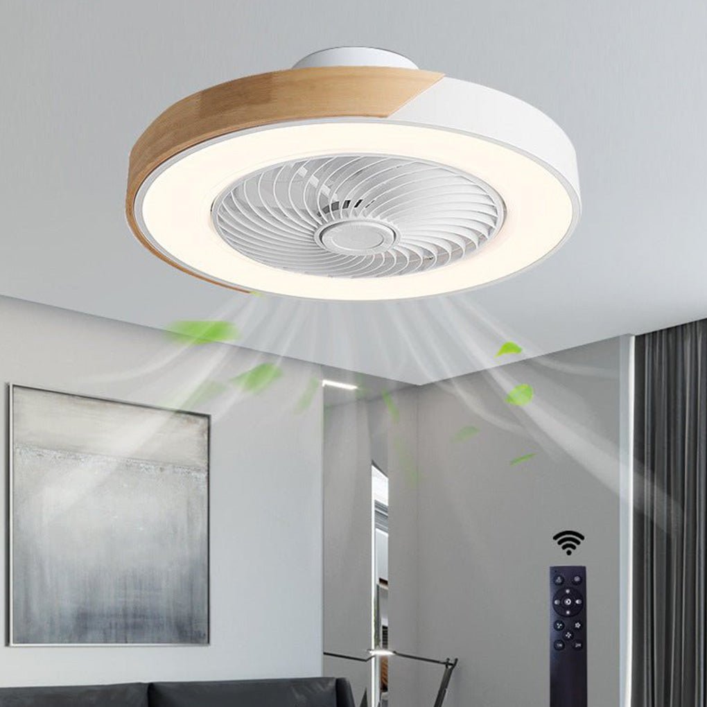"Stilfuld rund LED-loftventilator uden vinger med fjernbetjening og integreret lys, moderne design, støjsvag drift."
