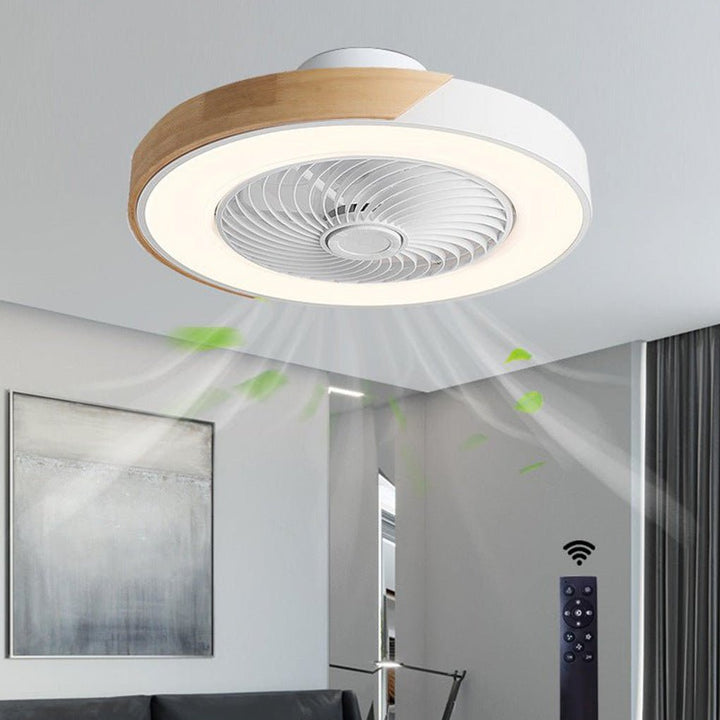"Stilfuld rund LED-loftventilator uden vinger med fjernbetjening og integreret lys, moderne design, støjsvag drift."