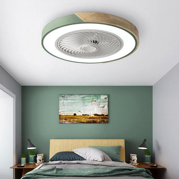 "Stilfuld rund LED-loftventilator uden vinger med fjernbetjening og integreret lys, moderne design, støjsvag drift."