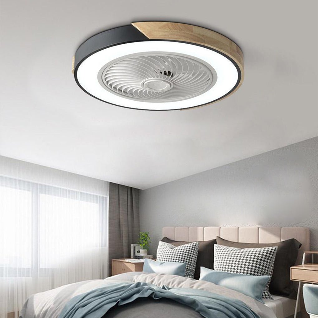 "Stilfuld rund LED-loftventilator uden vinger med fjernbetjening og integreret lys, moderne design, støjsvag drift."