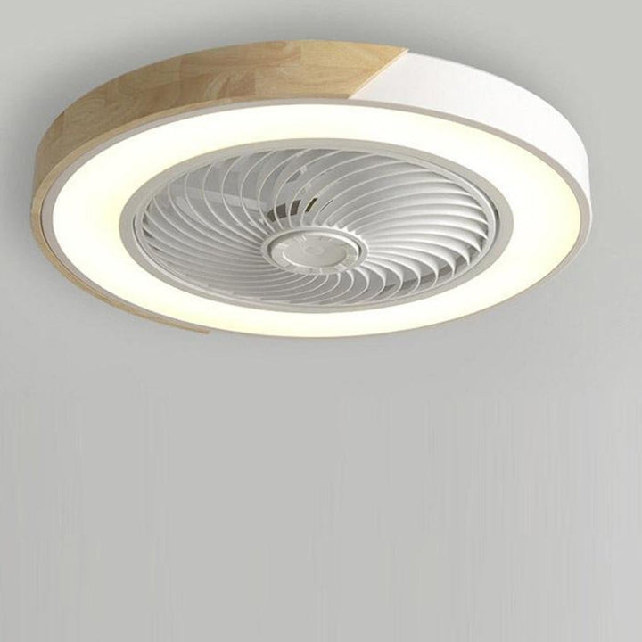 "Stilfuld rund LED-loftventilator uden vinger med fjernbetjening og integreret lys, moderne design, støjsvag drift."