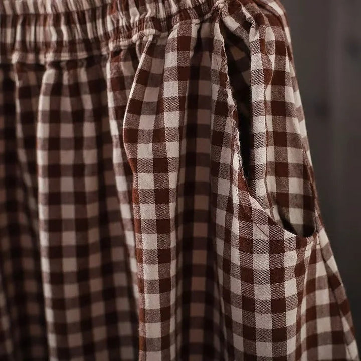 "Stilfulde gingham wide-leg bukser i retro ternet design, bomuldsblanding, afslappet pasform, elastisk talje, beige/hvid"