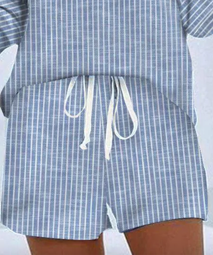 "Stribet pyjamassæt i blødt bomuld med elastisk talje, perfekt til både mænd og kvinder, elegant og komfortabelt design."