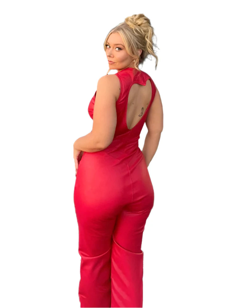 Tætsiddende denim jumpsuit, ærmeløs, elegant silhuet, blødt stof, set forfra