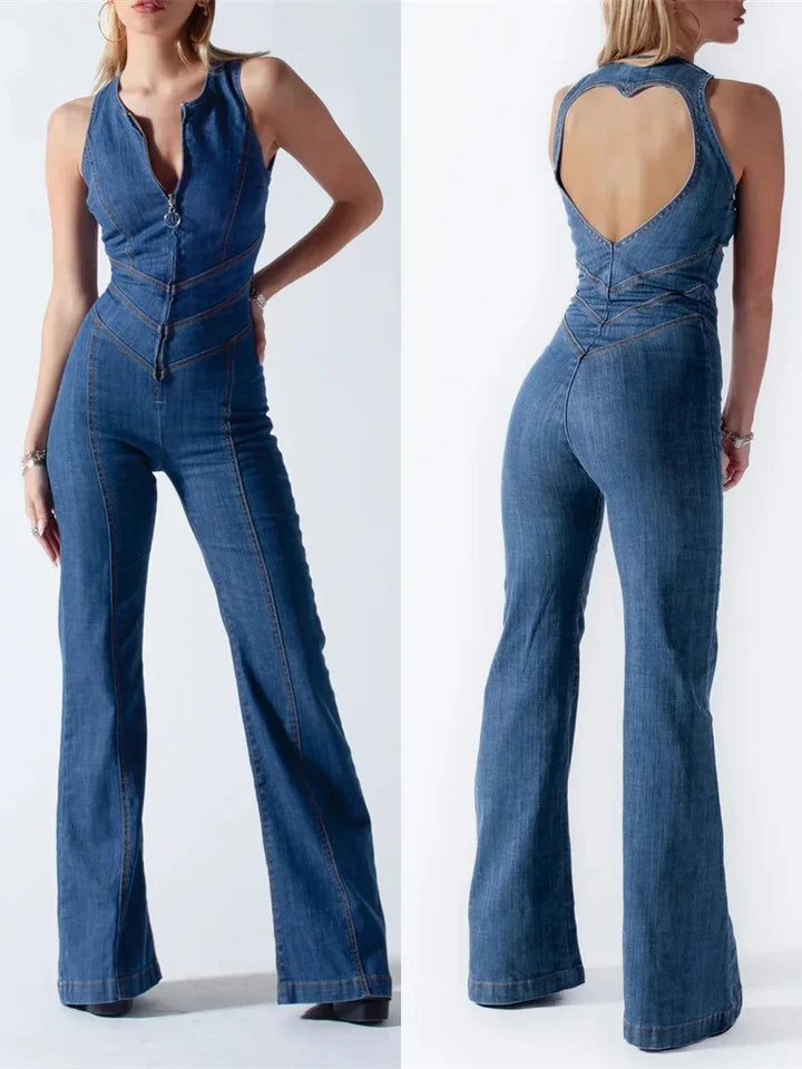 Tætsiddende denim jumpsuit, ærmeløs, elegant silhuet, blødt stof, set forfra