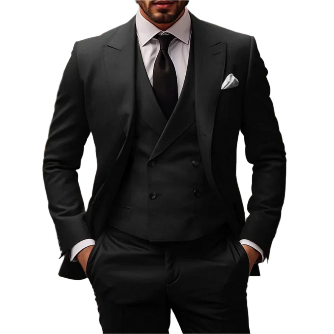 "Tidløst og elegant business-jakkesæt til mænd; 3-delt sæt med blazer, vest, bukser i sofistikeret, skræddersyet pasform."