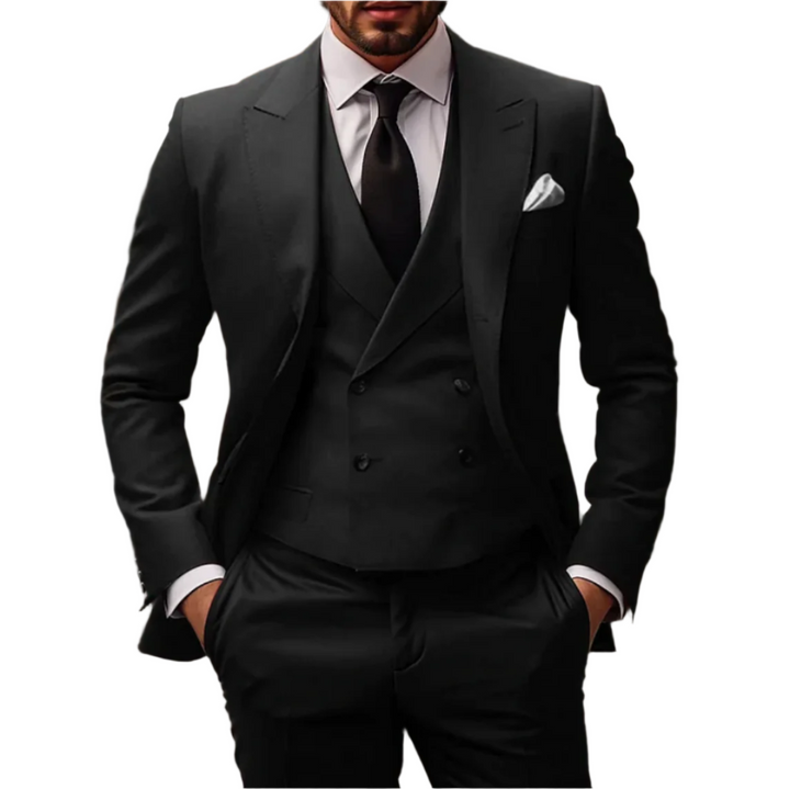 "Tidløst og elegant business-jakkesæt til mænd; 3-delt sæt med blazer, vest, bukser i sofistikeret, skræddersyet pasform."