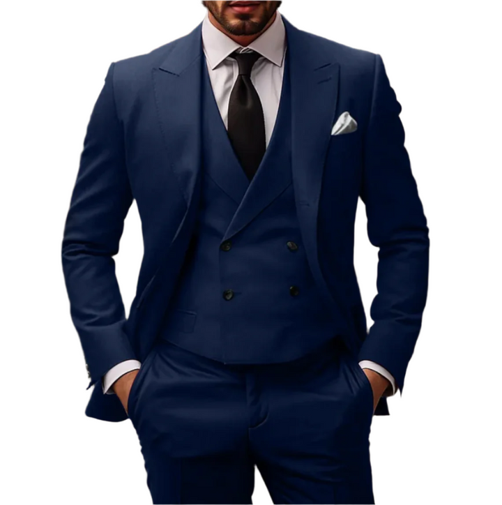 "Tidløst og elegant business-jakkesæt til mænd; 3-delt sæt med blazer, vest, bukser i sofistikeret, skræddersyet pasform."
