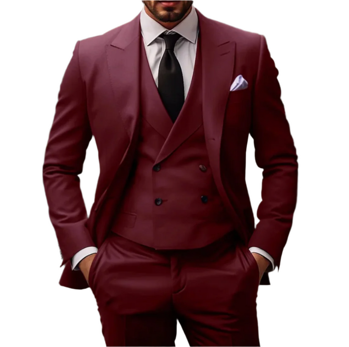 "Tidløst og elegant business-jakkesæt til mænd; 3-delt sæt med blazer, vest, bukser i sofistikeret, skræddersyet pasform."