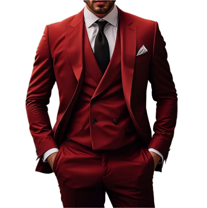 "Tidløst og elegant business-jakkesæt til mænd; 3-delt sæt med blazer, vest, bukser i sofistikeret, skræddersyet pasform."