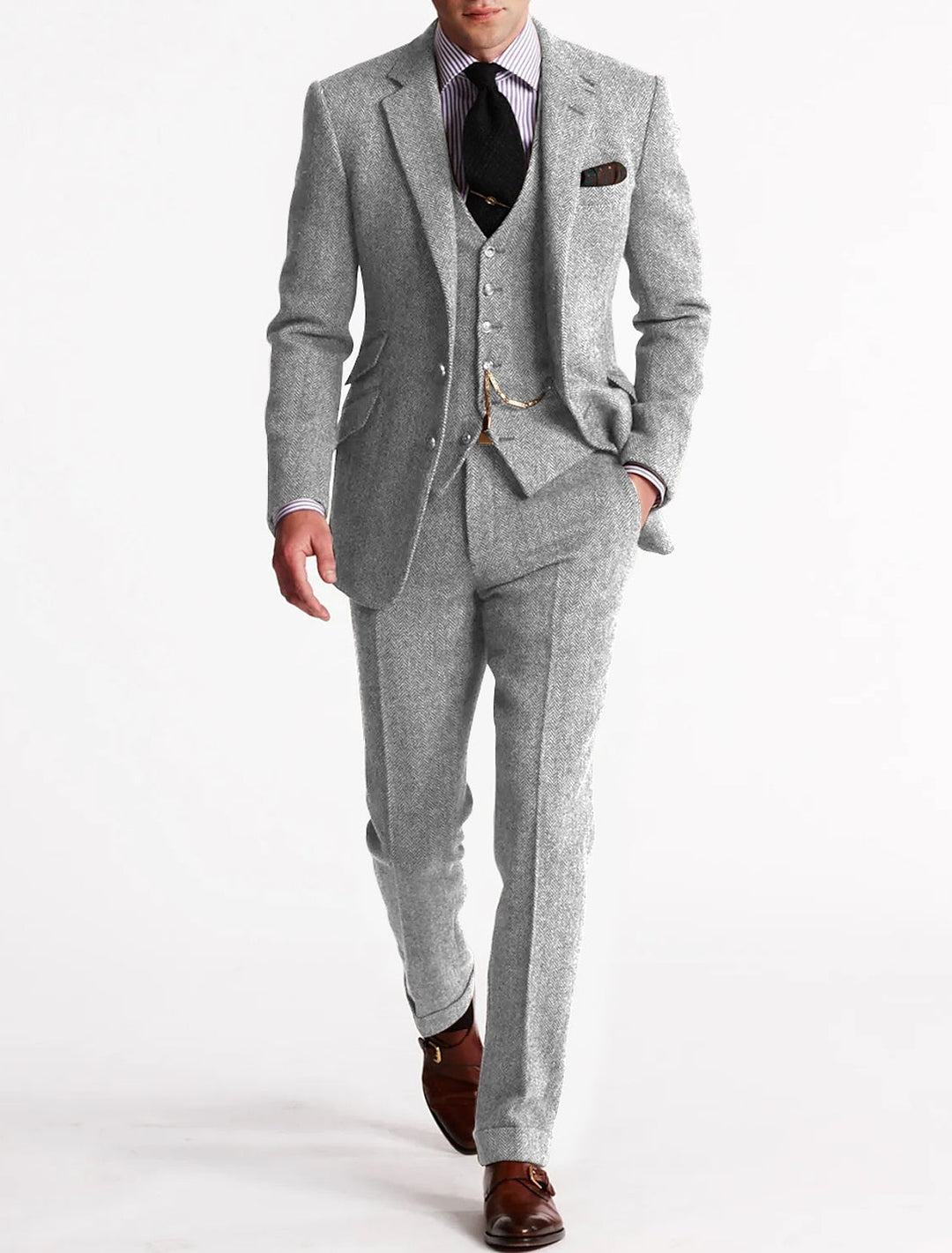 "Tredelt tweed jakkesæt til mænd i brun, elegant og klassisk stil, inkluderer skjorte, vest og bukser for sofistikeret look."