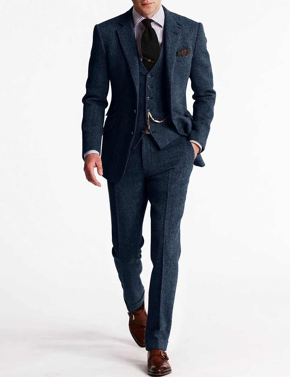 "Tredelt tweed jakkesæt til mænd i brun, elegant og klassisk stil, inkluderer skjorte, vest og bukser for sofistikeret look."
