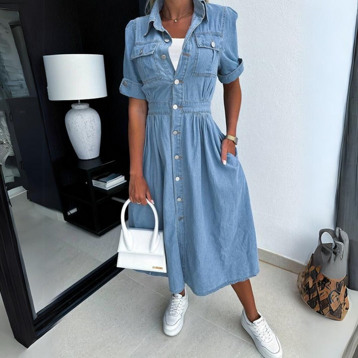 "Trendy denimkjole til kvinder, elegant design med komfort, alsidig til hverdag og fest, fremhæver feminin silhuet."