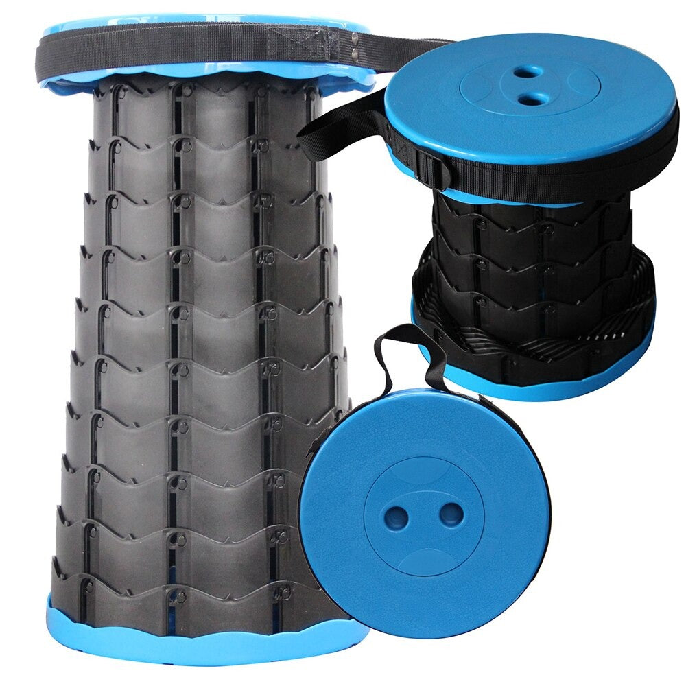 Udtrækkelig skammel i nylon, justerbar 44 cm, letvægt 0,9 kg, sort, blå, gul, rød, grå, perfekt til udendørs brug.