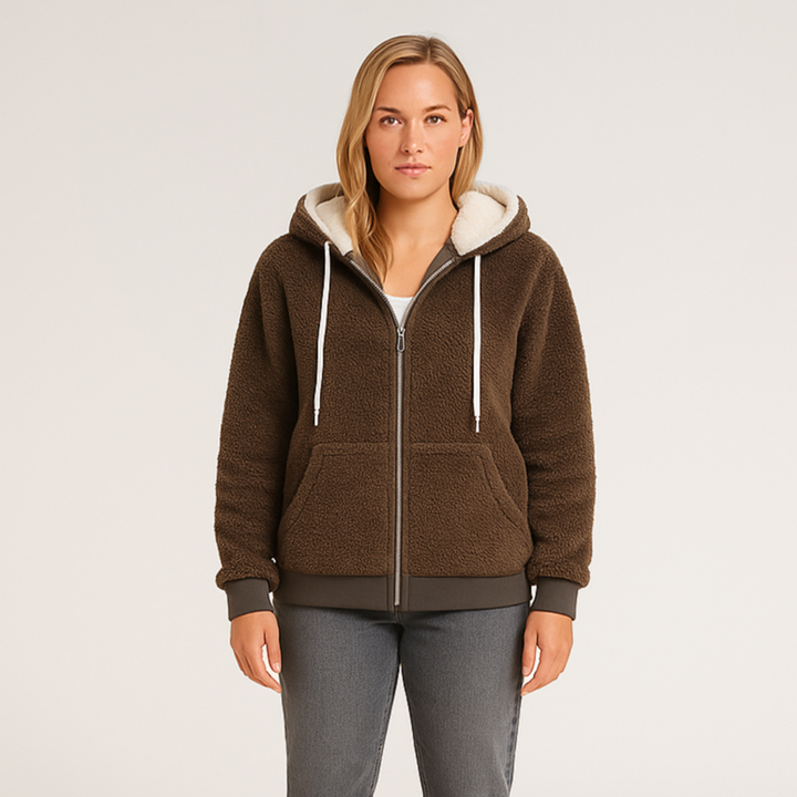 Dame fleecejakke i khakifarvet teddyfleece med oversized pasform, perfekt til afslappet stil.