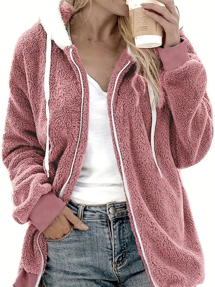 Dame fleecejakke i khakifarvet teddyfleece med oversized pasform, perfekt til afslappet stil.