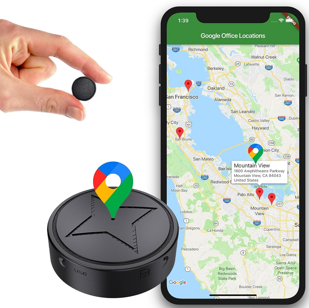 "Ultramagnetisk GPS tracker med kompakt design, sort overflade, perfekt til diskret sporing og sikkerhed"