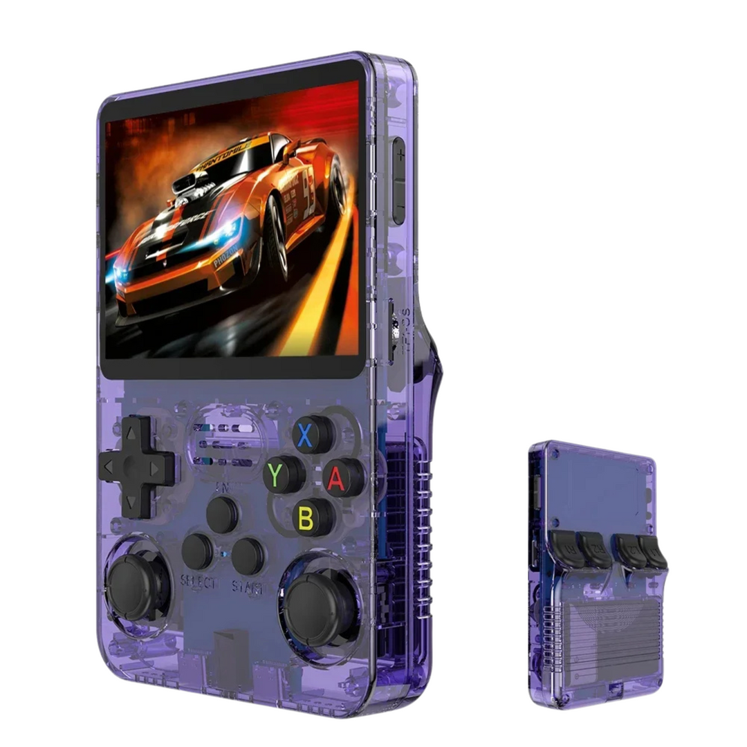 En person holder og spiller på en bærbar retro spilkonsol med HD skærm, nyder 20.000 klassiske spil.