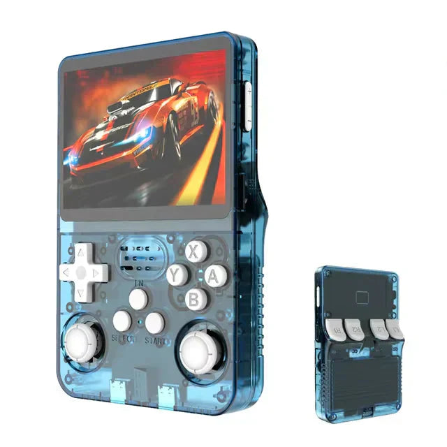 Retro spilkonsol med HD skærm liggende på et bord, klar til en nostalgisk gaming oplevelse på farten.
