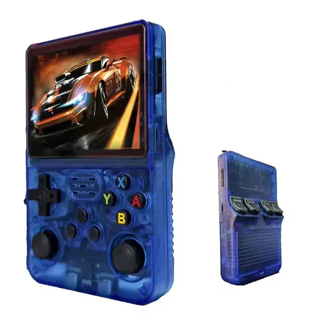 Håndholdt retro spilkonsol med krystalklar HD skærm viser et livligt klassisk spil. Ultimativ gaming.