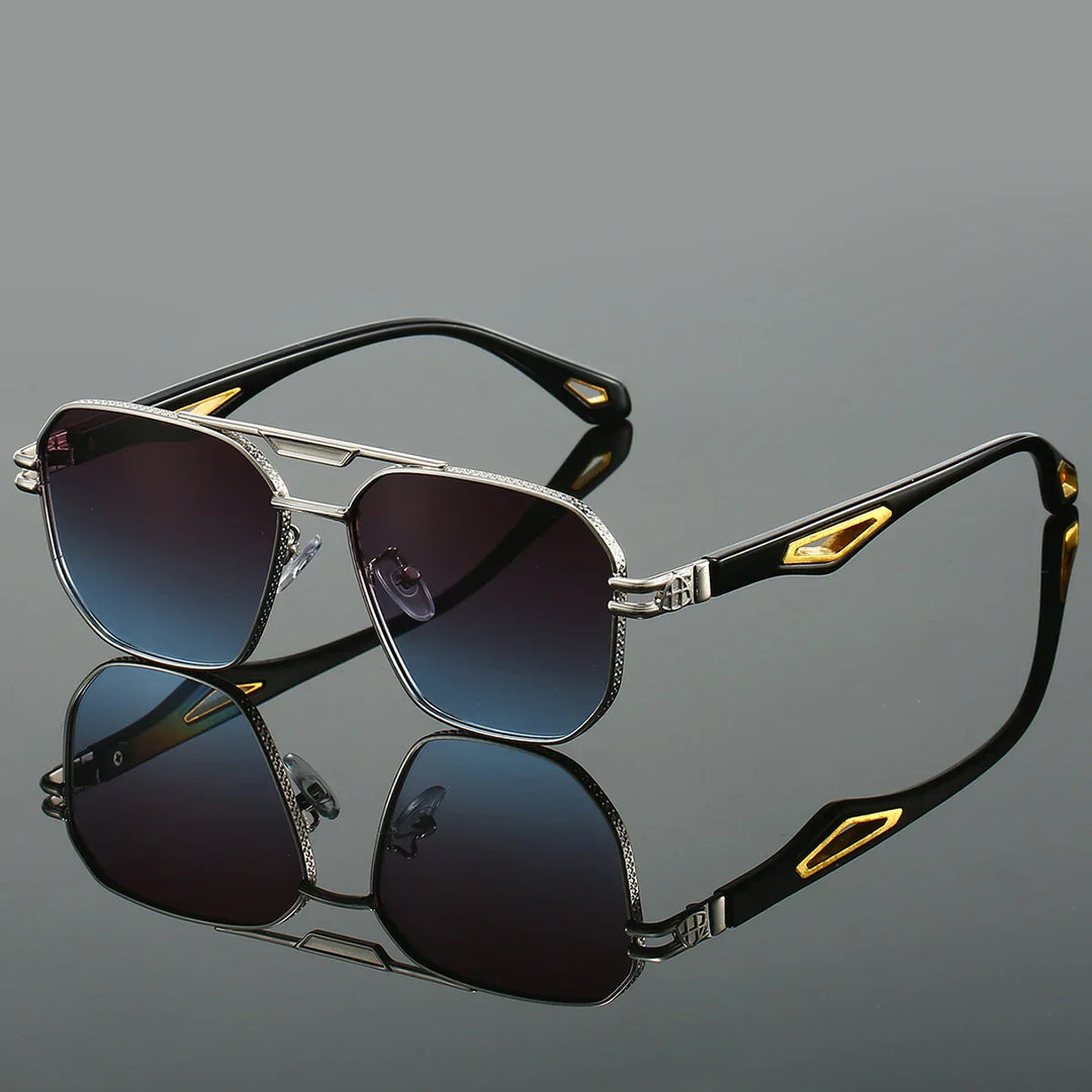 Håndholdte unisex solbriller med UV400 og anti-refleks glas. Fremhæver det lette metaldesign og komfort.