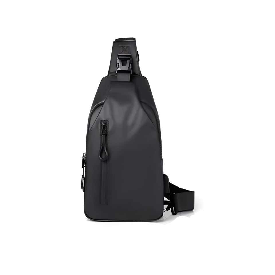 Sort vandtæt unisex skuldertaske med USB-port, ideel til udendørs brug og festival.