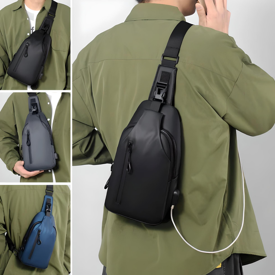 Blå unisex daypack skuldertaske med USB-oplader, til sikker opbevaring på farten.