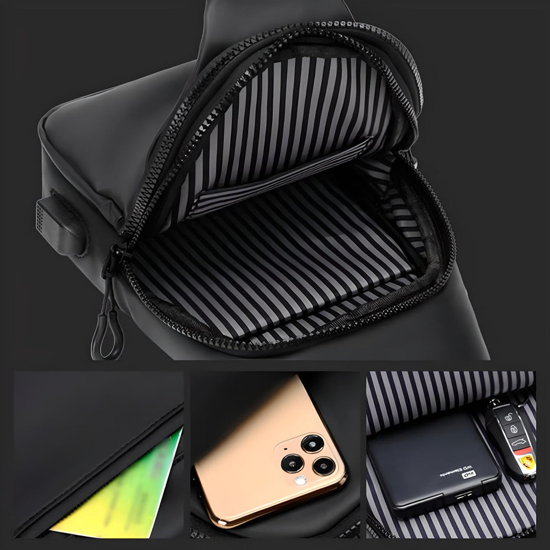 Stilfuld unisex skuldertaske, vandtæt med USB, perfekt til byliv og rejser, grå.