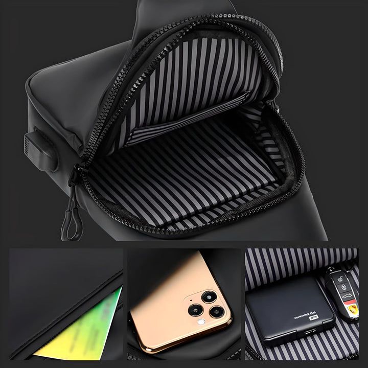 Stilfuld unisex skuldertaske, vandtæt med USB, perfekt til byliv og rejser, grå.