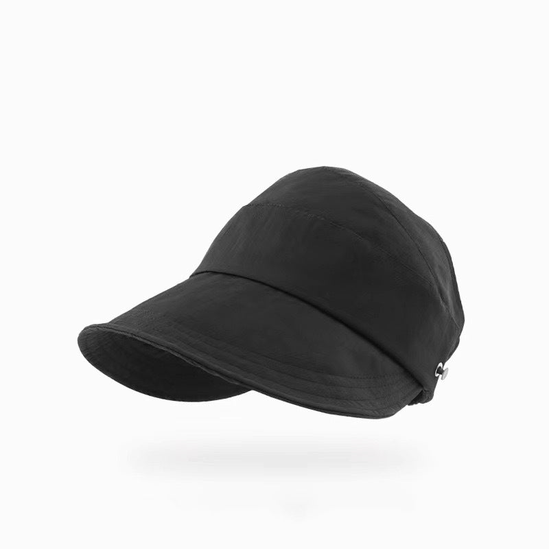 UV-beskyttende solhat til damer i åndbart materiale, åbent topdesign med bred skygge, justerbar for optimal pasform.
