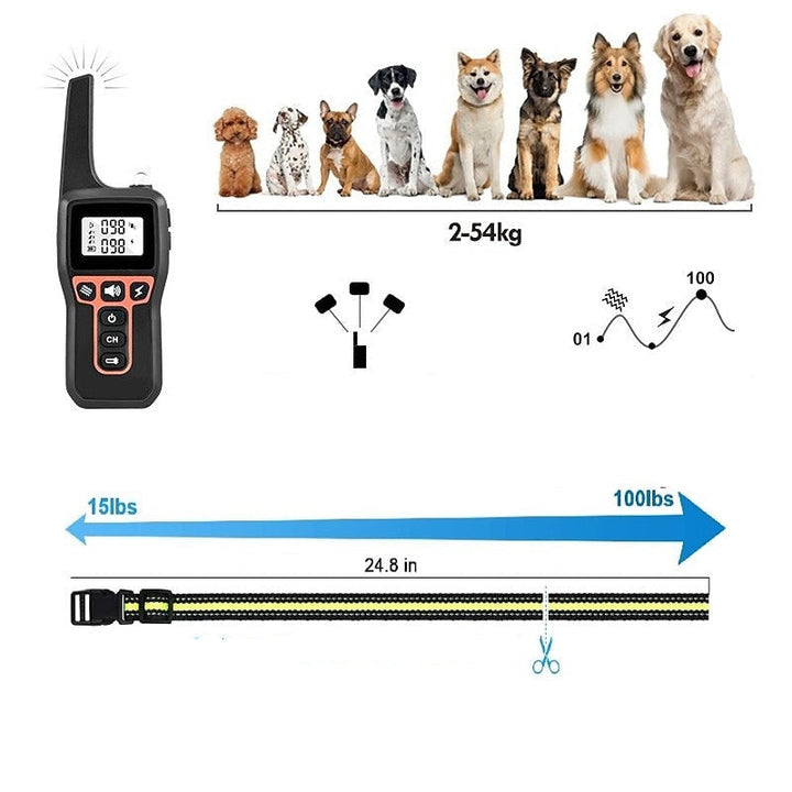 "Vandtæt genopladeligt hundetræningshalsbånd, sort design, justerbare funktioner til effektiv træning af din hund."