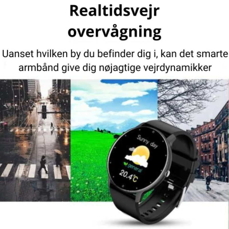 Vandtæt smartwatch med justerbar sportsrem, IP67 klassificeret. Forbundet til Android/iOS. Holdbar og stilfuld til aktive livsstile.