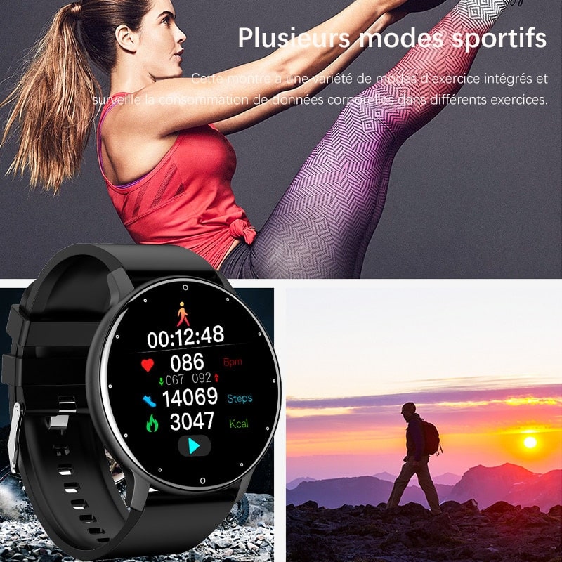 Vandtæt smartwatch med justerbar sportsrem, IP67 klassificeret. Forbundet til Android/iOS. Holdbar og stilfuld til aktive livsstile.
