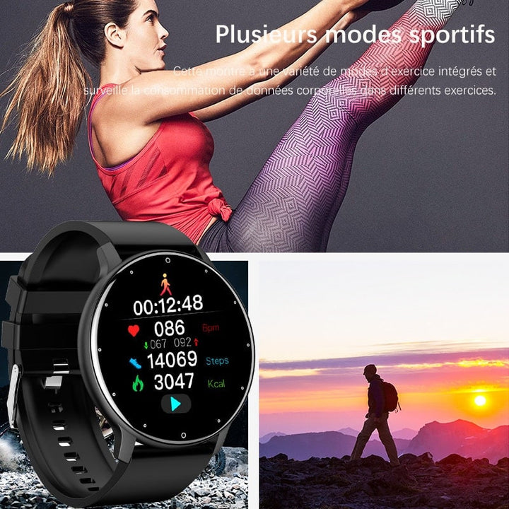 Vandtæt smartwatch med justerbar sportsrem, IP67 klassificeret. Forbundet til Android/iOS. Holdbar og stilfuld til aktive livsstile.