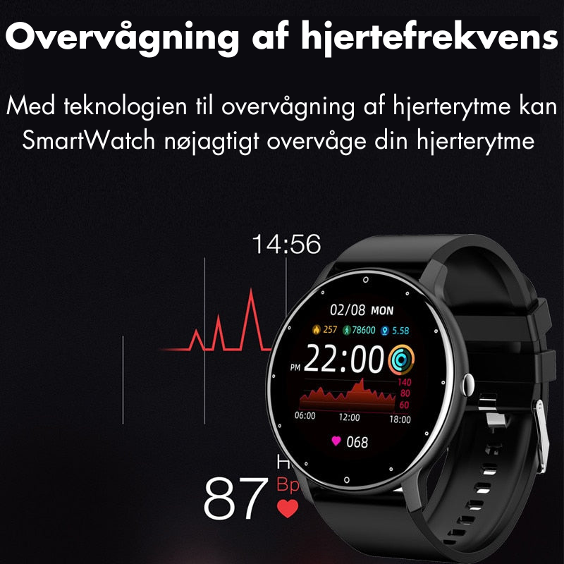 Vandtæt smartwatch med justerbar sportsrem, IP67 klassificeret. Forbundet til Android/iOS. Holdbar og stilfuld til aktive livsstile.