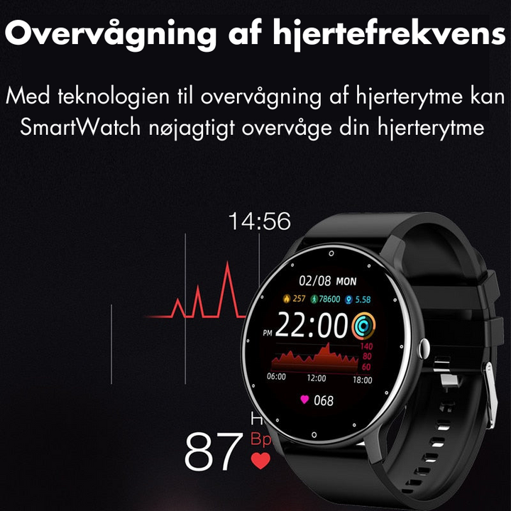 Vandtæt smartwatch med justerbar sportsrem, IP67 klassificeret. Forbundet til Android/iOS. Holdbar og stilfuld til aktive livsstile.