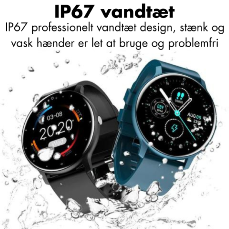 Vandtæt smartwatch med justerbar sportsrem, IP67 klassificeret. Forbundet til Android/iOS. Holdbar og stilfuld til aktive livsstile.