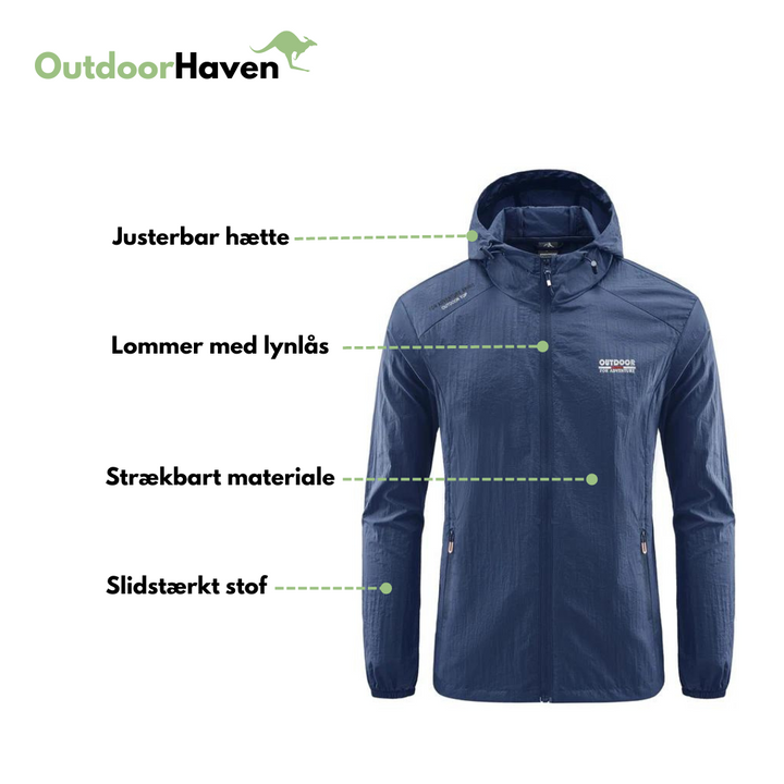 "Vandtæt vindtæt sommerjakke i lyseblå, unisex design, let og åndbar. Perfekt til udendørs sommeraktiviteter."