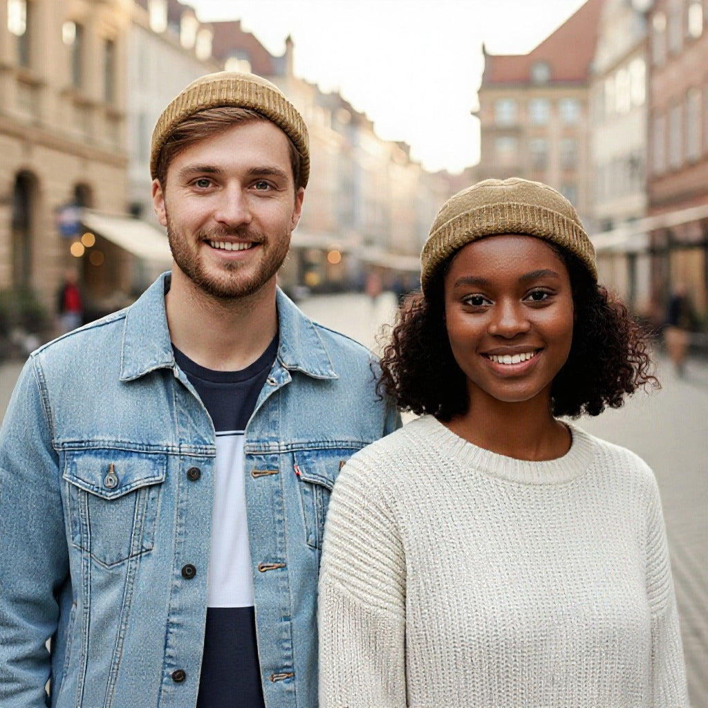 Robust bomuld/polyester vintage hue. Varm unisex strikhue, ideel til kold vinterbeklædning.