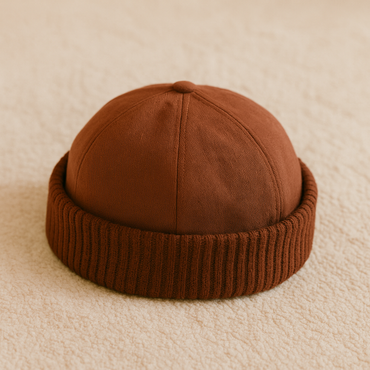 Stilfuld vintage vinterhue i strik. Varm unisex hue af bomuld/polyester.