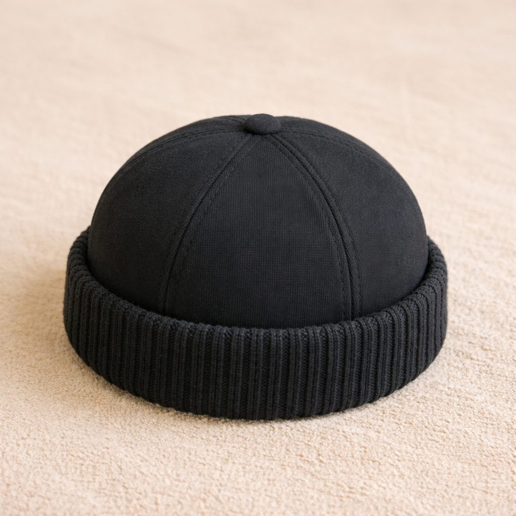 Detaljer af en vintage strikhue. Varm unisex hue i bomuld/polyester, perfekt til vinter.
