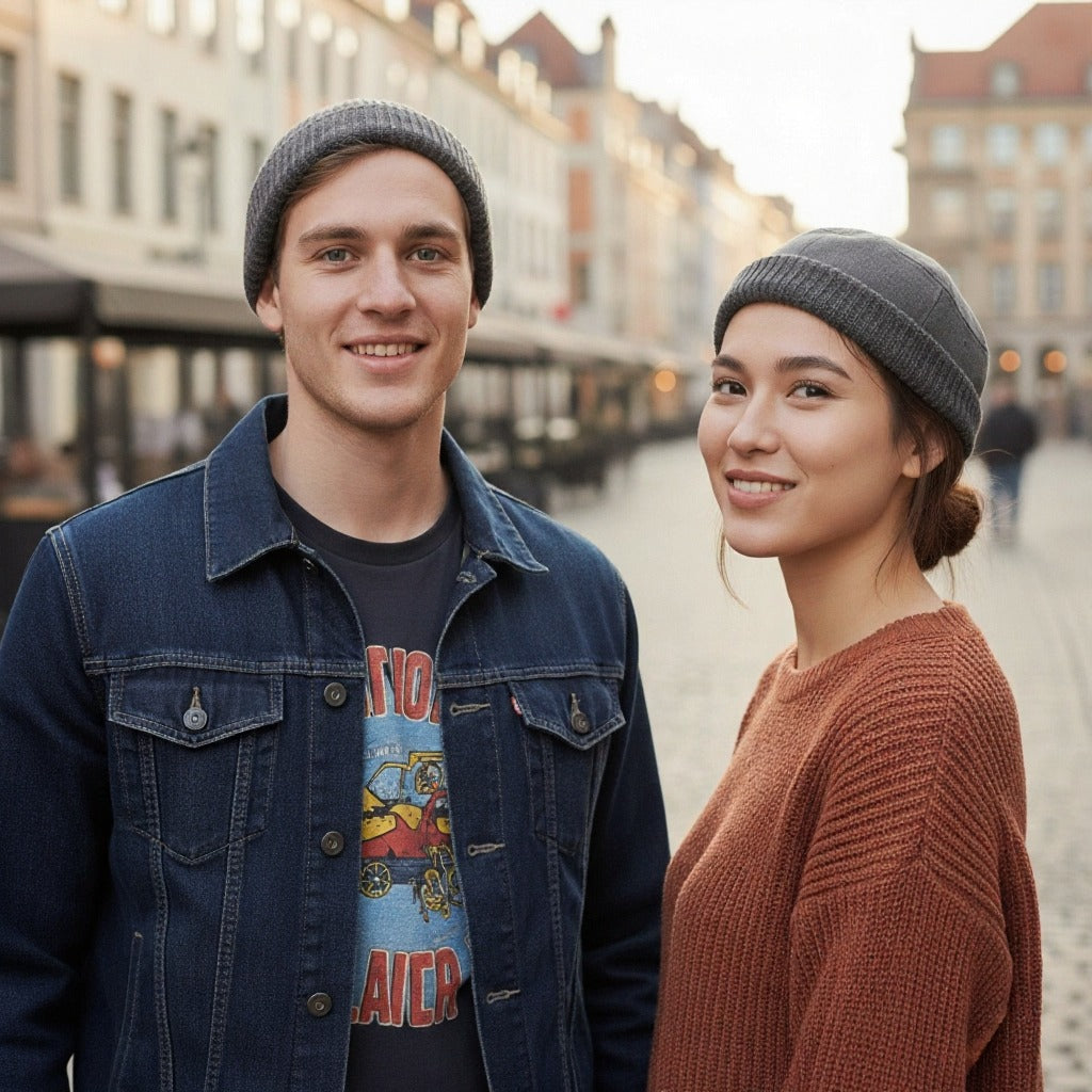 Nærbillede af tekstur på varm strikhue. Unisex vintage hue i bomuld/polyester til vinter.