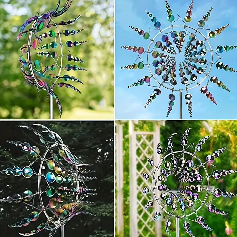 "Vejrbestandig metal vindmølle til haven med skinnende 3D-design, hypnotiserende visuelle effekter og holdbart materiale."