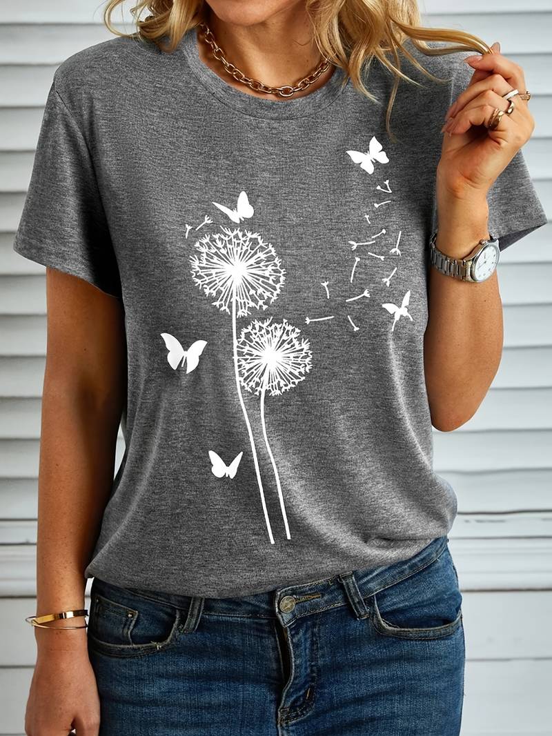 T-shirt til kvinder med et elegant print af mælkebøtter og sommerfugle, med rund hals og korte ærmer, tilbyder en behagelig pasform.