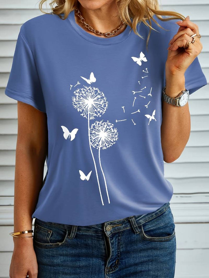 T-shirt til kvinder med et elegant print af mælkebøtter og sommerfugle, med rund hals og korte ærmer, tilbyder en behagelig pasform.