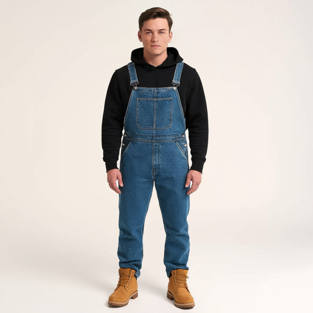 Vintage denim overall til herrer med justerbare stropper og rummelige lommer i åndbar, fade-resistent stof