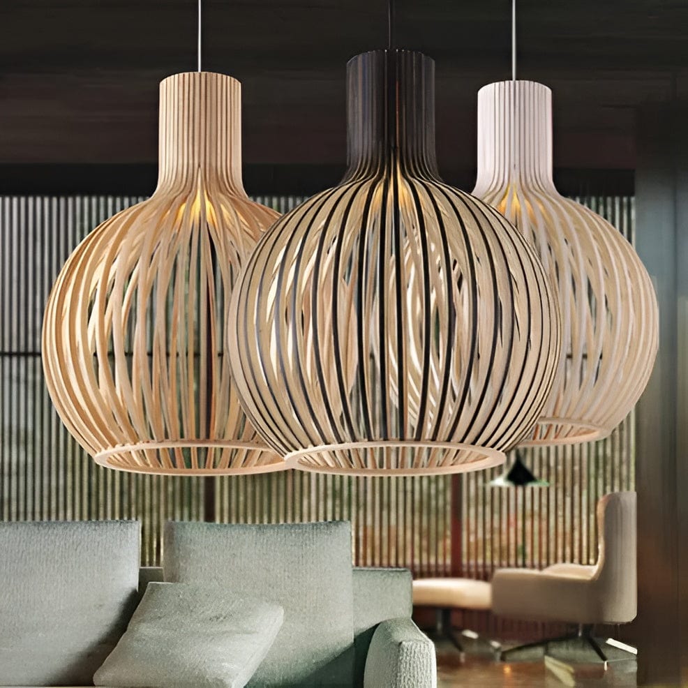 Vintage træpendel lampe med justerbar højde og LED; skandinavisk design i naturlig træfinish til boligindretning.
